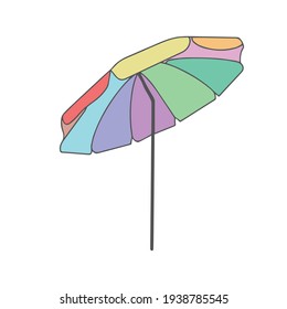 Arte de líneas estilizadas a mano aislado de color arco iris playa sombrilla para un cómodo baño de sol y protección de la sombra, resort de playa, costa. Imágenes prediseñadas EPS 10 para tipografía y uso digital 