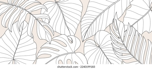 Hand drawn line art leaf branch background vector. Tropical monstera and palm leaves black white drawing contour simple style background. Design illustration for prints, wallpaper, poster, card.