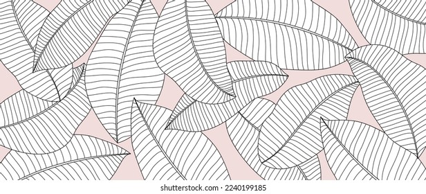 Hand drawn line art leaf branch background vector. Tropical botanical palm leaves with black white drawing contour simple style background. Design illustration for prints, wallpaper, poster, card.