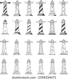 hand drawn line art lighthouse icons collection