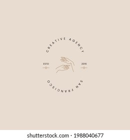 Hand drawn line art minimal vector logo design template. Boho style illustration of elegant signs and badges for beauty, natural cosmetics, wellness, creative agency, fashion, wedding.