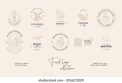 Hand drawn line art minimal travel vector logo design template collection. Illustration of elegant signs and badges for travel agency, photoraphers, travel bloggers.