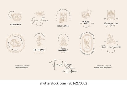 Hand drawn line art minimal travel vector logo design template collection. Illustration of elegant signs and badges for travel agency, photoraphers, travel bloggers.