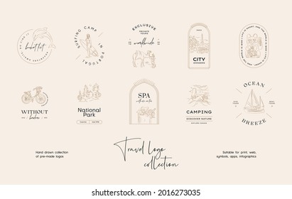 Handgezeichnete Line Art minimale Reise-Vektorgrafik Logo Design-Vorlage Sammlung. Illustration von eleganten Zeichen und Abzeichen für Reisebüro, Fotografen, Reiseblogger.