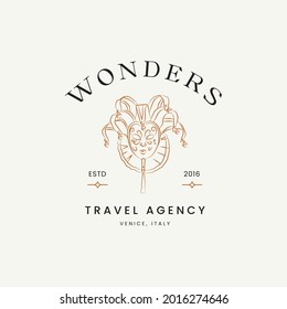 Hand drawn line art minimal travel vector logo design template. Illustration of elegant signs and badges for travel agency, tour operator, photographer, travel blogger