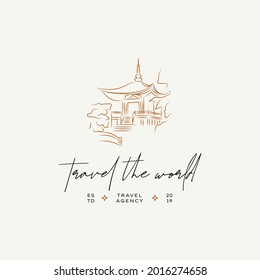 Hand drawn line art minimal travel vector logo design template. Illustration of elegant signs and badges for travel agency, tour operator, photographer, travel blogger