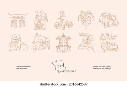 Hand drawn line art minimal travel vector illustration collection. Illustration of elegant signs and badges for travel agency, photoraphers, travel bloggers.