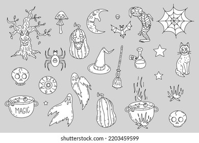 Hand drawn line art monochrome Halloween illustrations set