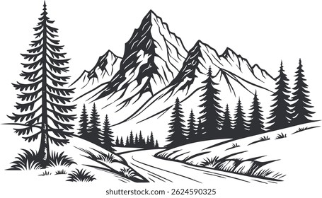 Hand drawn line art mountain design. Mountains and pine trees illustration. Minimalist line art of mountains and pine trees