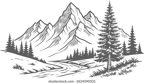 Hand drawn line art mountain design. Mountains and pine trees illustration. Minimalist line art of mountains and pine trees