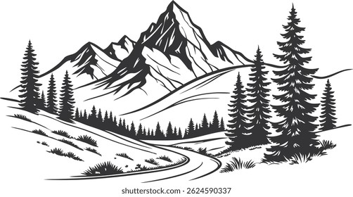 Hand drawn line art mountain design. Mountains and pine trees illustration. Minimalist line art of mountains and pine trees