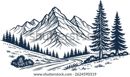 Hand drawn line art mountain design. Mountains and pine trees illustration. Minimalist line art of mountains and pine trees