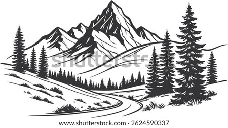 Hand drawn line art mountain design. Mountains and pine trees illustration. Minimalist line art of mountains and pine trees