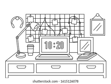 Hand drawn line art office desk with office accessories. Doodle desk design for workplace or workspace vector illustration.