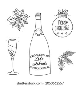 Hand drawn line art party icons vector set. Christmas celebration outlines icon set black white outline. Champagne bottle, wine flute, Christmas Poinsettia flower, mistletoe branches, tree ornament.