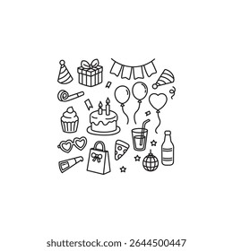 Hand drawn line art of party items including balloons, cake, gifts, banners, hats, and more. Great for birthday designs, invitations, and celebration-themed graphics.