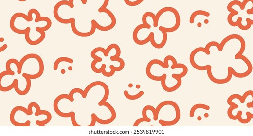 Hand drawn line art pattern vector background flowers, emoji. Pattern for use on gift bags, websites, corporate identity