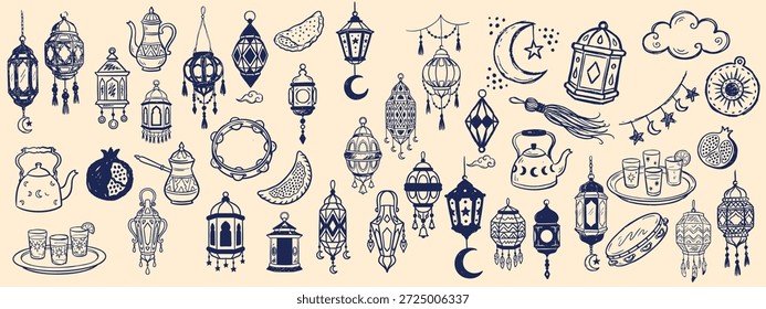 El patrón de arte de línea dibujado a mano muestra linternas de tinta azul marino, medias lunas y motivos de té, utilizados para papelería, empaques y telas de ramadán; elegante.