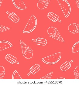 Hand drawn line art pattern with ice cream cones, popsicles, and watermelon slices on a coral background. Ideal for summer packaging, textiles, wallpaper, and playful branding.