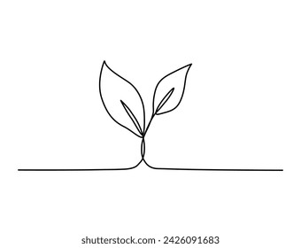 Hand drawn line art plant. One continuous line growing sprout.