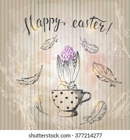 Hand drawn line art pot hyacinth flower and feathers, easter lettering. Easter symbol ink drawing on grunge striped background retro style.