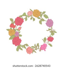 Hand drawn line art retro palette rose flowers round wreath isolated on white background. Vintage romantic floral frame vector illustration
