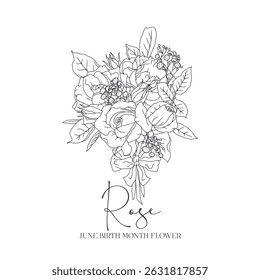 Bouquet de rosas retro paleta arte desenhada à mão com texto junho mês nascimento flor. Vintage romântico floral vetor ilustração isolado no fundo branco