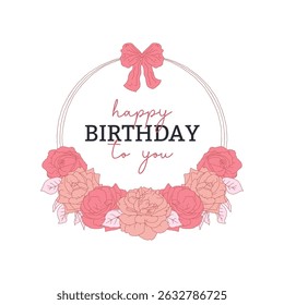 Hand drawn line art retro palette pink rose flowers round frame and text happy birthday to you isolated on white background. Vintage romantic floral wreath bouquet vector illustration