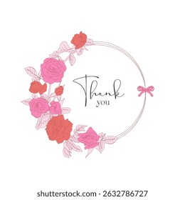 Hand drawn line art retro palette pink rose flowers round frame and text thank you isolated on white background. Vintage romantic floral wreath bouquet vector illustration