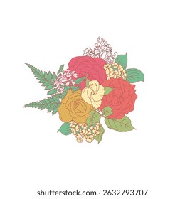 Hand drawn line art retro palette rose and sweet william flowers bouquet isolated on white background. Vintage romantic posy vector illustration