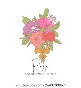 Hand drawn line art retro palette roses bouquet with text june month birth flower. Vintage romantic floral vector illustration isolated on white background