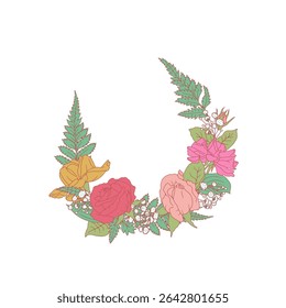 Hand drawn line art retro palette pink rose flowers round frame isolated on white background. Vintage romantic floral wreath bouquet vector illustration