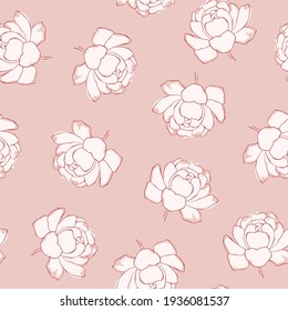 Hand drawn line art seamless pattern with peony flowers. Line art floral background for wedding design, Valentines day, romantic holidays. Contemporary vector pattern with delicate peony flowers