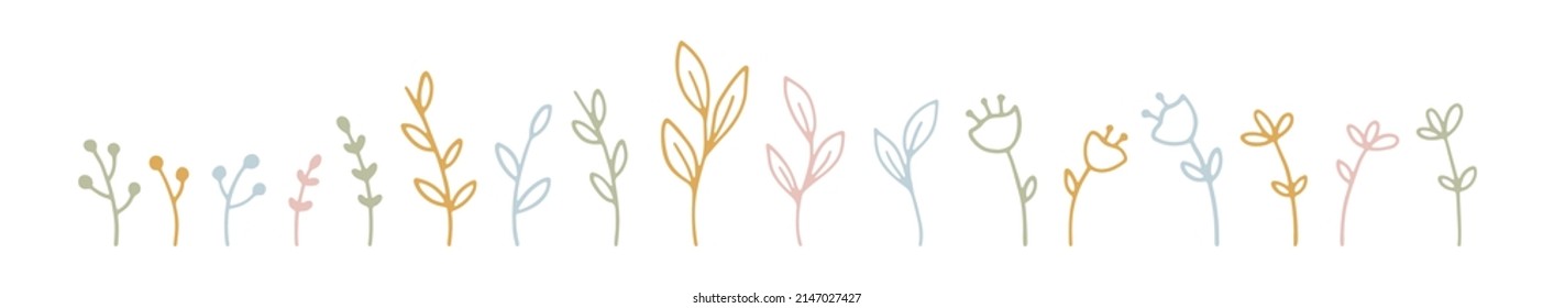 Decoración artística de líneas estilizadas a mano con plantas, hierbas, flores y ramas de colores pastel. Elementos florales para el diseño primaveral y veraniego, vacaciones románticas. Colección botánica de vectores de corte