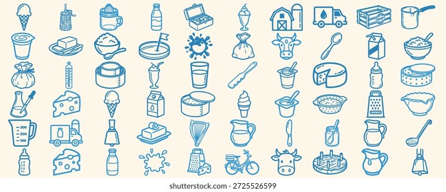 Un conjunto de arte de línea dibujado a mano de iconos de lácteos y leche, útil para el embalaje, iconos web y diseño editorial, juguetón.