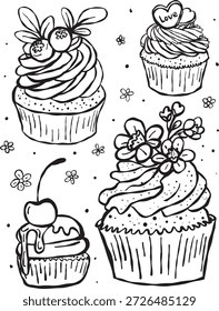 Hand Drawn  Line Art Set with Floral and Berry Decorations