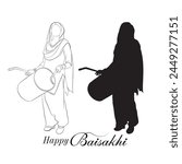 Hand drawn line art and silhouette, Punjabi woman sketch, A beautiful line drawing of tall lady