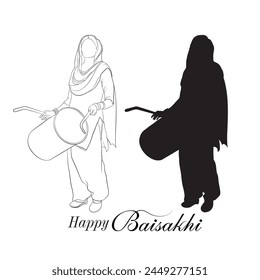 Hand drawn line art and silhouette, Punjabi woman sketch, A beautiful line drawing of tall lady