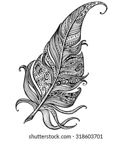 hand drawn line art of single feather with ornaments in zentangle style. unique vector illustration, black and white colors.