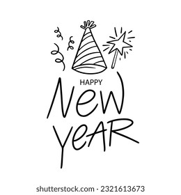 Hand drawn line art sketch style Happy New Year lettering text phrase. Vector art illustration isolated on white background.