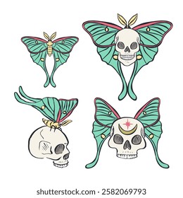 Hand drawn line art sketsches of human skulls with luna moth wings set isolated on white background. Bohemian skeleton heads with butterfly design bundle