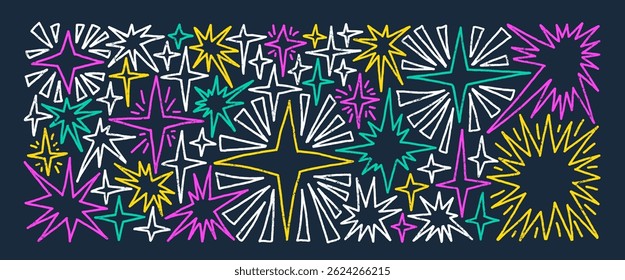 Conjunto de estrelas cintilantes de arte desenhada à mão. Espaço brilho crayon formas e bings pack. Cometas e piscando no céu noturno. Ilustração vetorial por lápis ou cera de cera isolada sobre fundo escuro.
