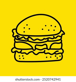 Hand drawn line art style burger illustration, line art style burger fast food logo