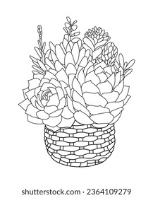 Hand drawn line art succulent cacti and cactus bouquet with stone tree pot coloring book page for adults. Illustration on white background. Perfect for coloring book, invitation, greeting card, print.