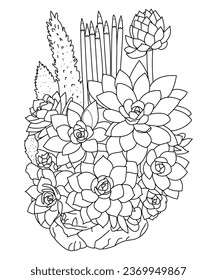 Hand drawn line art succulent illustration Coloring book page antistress for children and adults. Vector isolated on white background. Perfect for coloring book, invitation, greeting card, print.