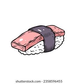 Hand drawn line art sushi with fish. Asian food sketch art vector illustration. Isolated on white background.