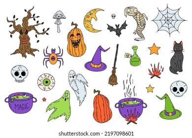 Hand drawn line art sute Halloween illustrations set