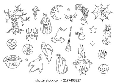 Hand drawn line art sute Halloween illustrations set