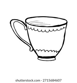 Taza de té dibujada a mano del arte de la línea con un patrón Pequeño lindo. Acogedora ilustración de taza de doodle en estilo de boceto mínimo para la marca de cafetería, diseño para niños, papelería, pegatinas, estilo de vida acogedor y visuales de vida lenta.