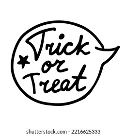 Hand drawn line art of trick or treat speech cloud with stars in black outline